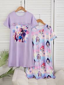 Girls Cute Sheep Pattern Comfortable 2 Pieces Round Neck Short Sleeve Long Nightgown Loungewear Character Shirts Girls - Purple - View 4