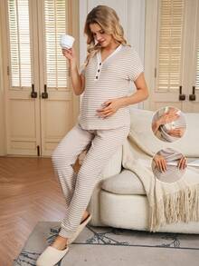 SHEIN 2件套孕妇条纹纽扣短袖T恤和可调节腰裤哺乳套装 - 彩色 - 查看 1