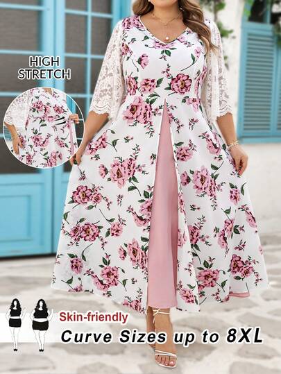 SHEIN CURVE+ 大码女士粉色碎花短袖度假风长裙，适合派对、婚礼和度假穿着