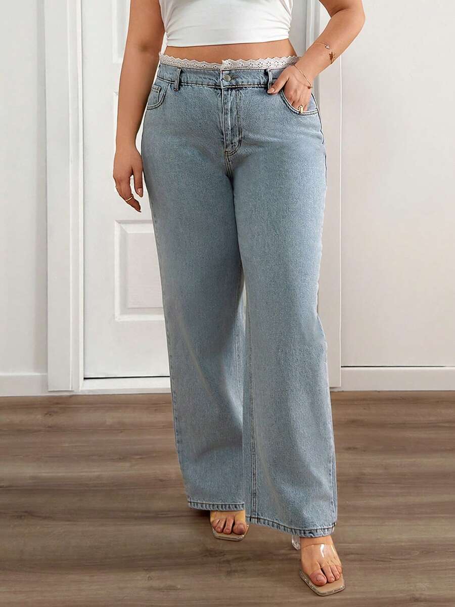 EURMUSE Plus High Waist Belt Detailed Straight Jean - Light Wash - View 1