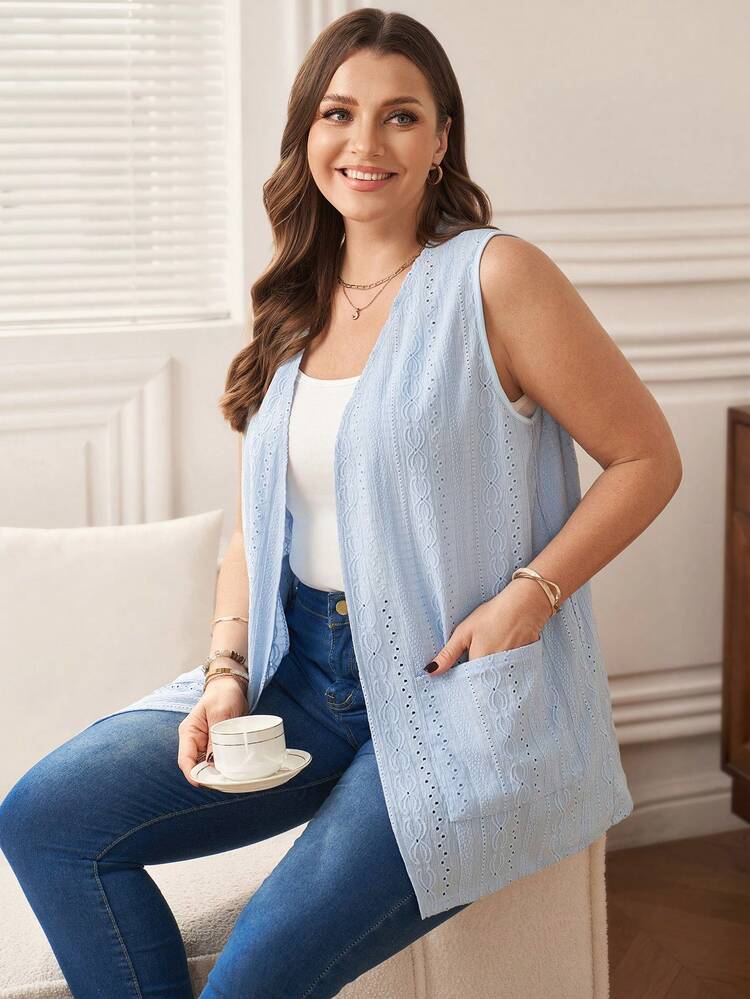 Plus Size Summer Casual  Blue Solid Color Textured Sleeveless Jacket Women Plus Summer Clothing Summer Cardigan Plus Size Summer Outfit For Women Beach Vacation Outfits