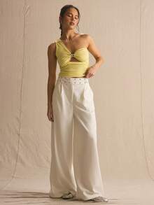 MUSERA Lace Trim Hardware Detail Ruched One Strap Fitted Top Spring Summer Cosy Cute Daily Girly Vacation Sunlight Social - Pale Yellow - View 5