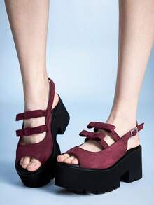 Sugerpunk Women's Punk Style Y2K Casual Streetwear Hollow Out Suede Platform Wedge Sandals, Gothic Retro Bowknot Heel Crystal Buckle Strap Design Roman Gladiator Chunky Heel Peep Toe Party Nightclub Festival Comfortable Slip-On Shoes 2000s Style Summer Shoes Y2K - Burgundy - View 6