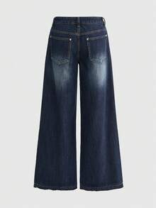 ROMWE Street Life 女士休闲街头字母水钻装饰蓝色牛仔裤 - 深色水洗藍 - 查看 2