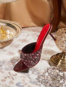 CUCCOO TILAWA Women Shoes Sparkling Rhinestone Burgundy High-Heeled Sandals, Gorgeous Style, Stiletto Open-Toed Shoes, Banquet Party Dating Fashion Women's Shoes - Burgundy - View 3