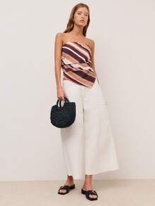 Nöista Bandeau Fitted Top With Stripes In Diagonal In Earth Colors, Asymmetrical Bottom Edge And Smock Stitching Part On The Back. - Multicolor - View 5