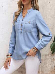 EMERY ROSE Blusa vaquera de mujer con cuello en V y botones, versátil y casual para uso diario - Azul - Ver 5