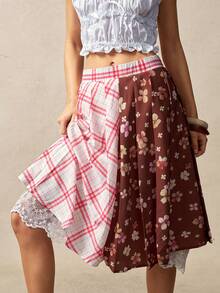 Bohemela 女士夏季休闲度假浪漫优雅法式海滩波西米亚乡村音乐节图案拼接蕾丝细节褶裥A字不规则下摆中长裙，适合海滩、夏季度假 - 彩色 - 查看 2