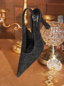 CUCCOO TILAWA Giày nữ mũi nhọn, gót mảnh, màu đen đính đá, gợi cảm, thời trang, kiểu slingback, thích hợp phối cùng váy, dự tiệc, hộp đêm, giày cao gót nữ. - màu đen - Xem 6