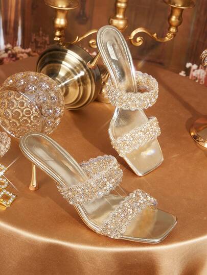 CUCCOO TILAWA Women Shoes Square Toe Slender Heel Gold Transparent Film Rhinestones Sexy Fashion Elegant Gorgeous Women's High Heel Sandals Slippers With Skirts Daily Versatile Banquet Party Women's Sandals