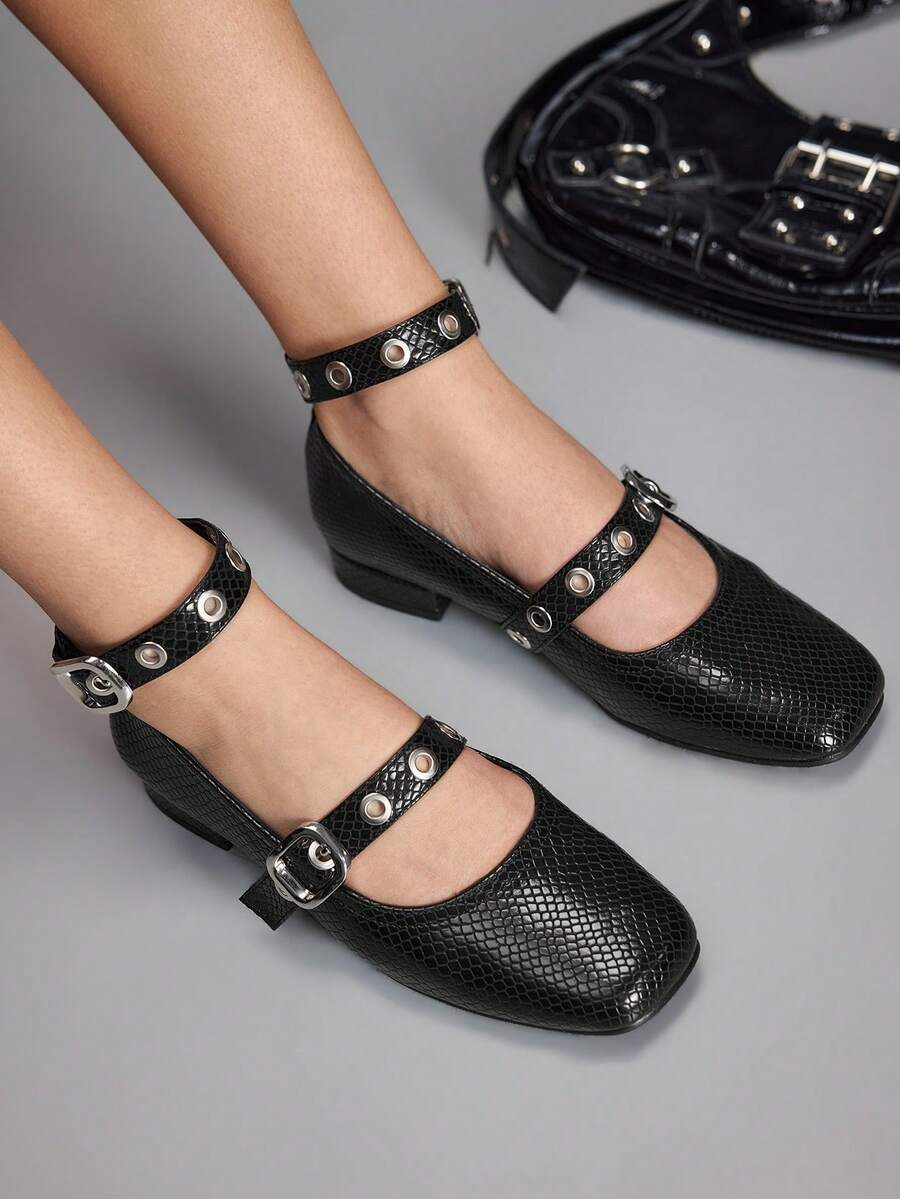 CUCCOO GRLICON 女士铆钉设计休闲乐福鞋，圣诞节必备 - 黑色蛇紋 - 查看 1