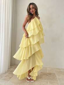 Aloruh Đầm nữ màu vàng trơn xếp ly mới, thích hợp cho mùa xuân/hè. - Vàng nhạt - Xem 5