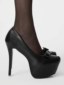 ROMWE Goth 女士新款细跟高跟鞋 14cm 小圆头时尚蝴蝶结性感内里防水桌鞋 - 黑色 - 查看 4