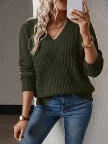 EURMUSE 女式纯色宽松V领长袖毛衣 - 軍綠色 - 查看 4