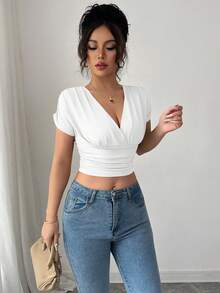 Elenzga 女士休闲V领交叉腰带T恤 - 白色 - 查看 4