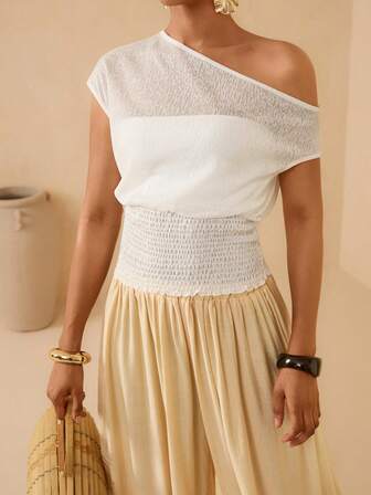Vesra Women's White Asymmetrical Shoulder Cinched Waist T-Shirt