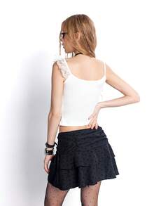 Bloopia American Sexy Style Cross & Letter Print Fitted Cropped Camisole Top, Lace Patchwork - White - View 2