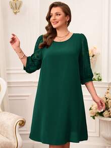 Miaspire 大码女式网眼撞色黑色优雅黑色母亲节连衣裙春季女装 - 墨綠色 - 查看 6