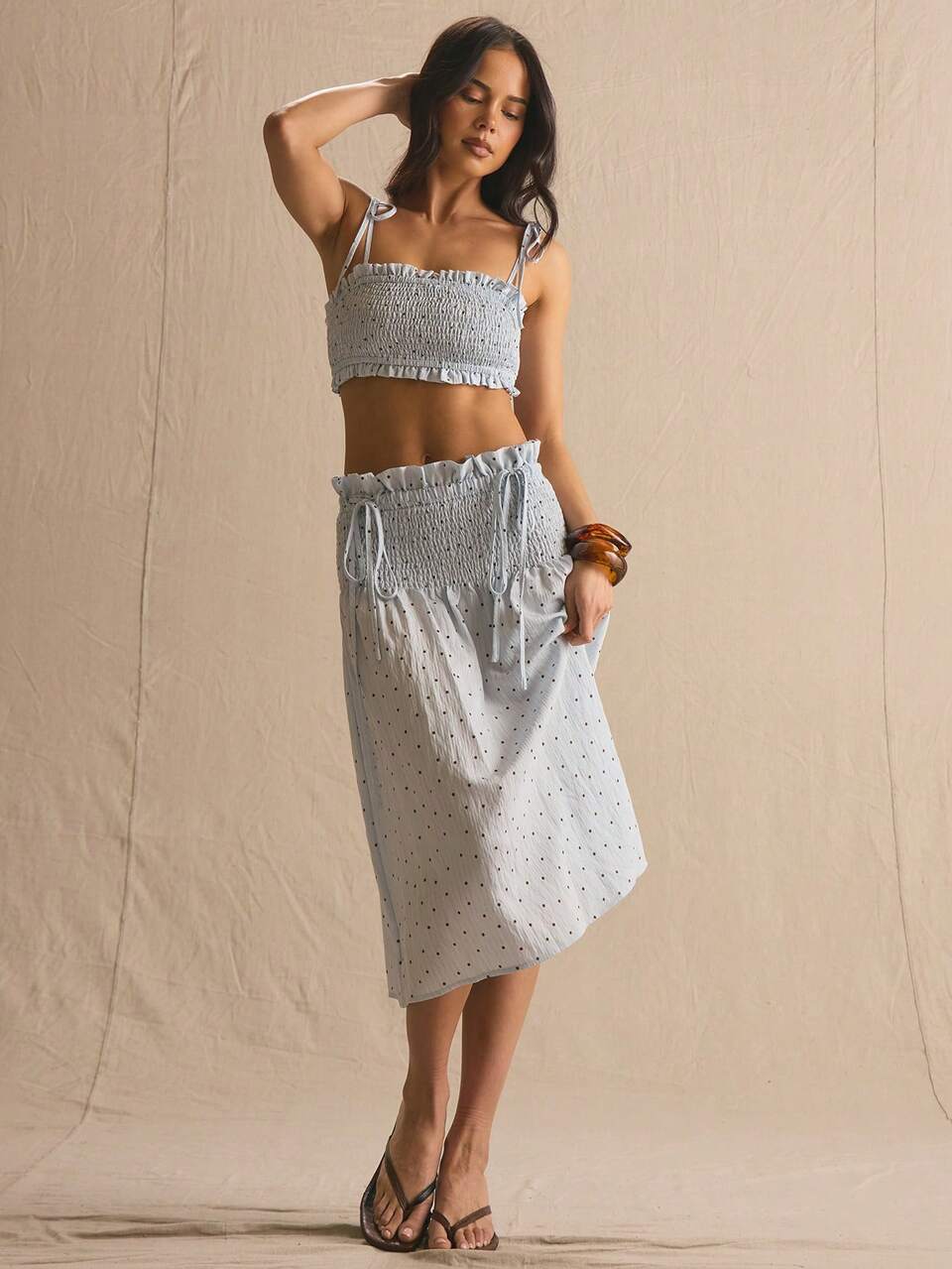 Polka Dot Shirred Ruffle Square Neck Crop Top And Midaxi Skirt Set Spring Summer Cosy Cute Daily Girly Vacation Sunlight Social