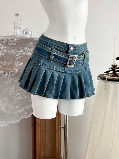 Elamini Falda vaquera casual con pliegues y diseño de hebilla con ojal para mujer