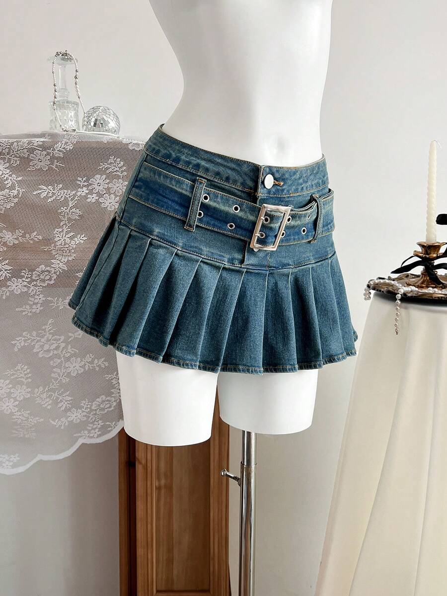 Elamini 女士休闲百褶牛仔裙，带孔眼扣设计 - 藍色 - 查看 1