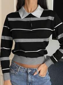 Ronhire Women's Collegiate Style Colorblock Striped Loose Fit Polo Neck Long Sleeve Sweater, Black And Grey, Autumn/Winter,Fall,Fall Clothes For Women,Black Sweater - Black - View 5