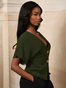 Mima John Elegant Bat Wing Sleeve Double-Breasted Buttoned Solid Color Casual Shirt - Army Green - View 5