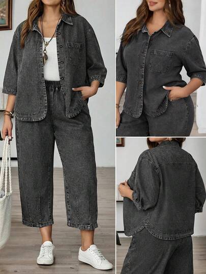 EMERY ROSE Büyük Beden Kadınlar Günlük Düğmeli Kot Bluz