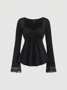 Sweetra Áo thun dài tay dáng rộng, đa năng, phối họa tiết Y2K gợi cảm, thích hợp mặc đi làm vào mùa thu. - màu đen - Xem 3