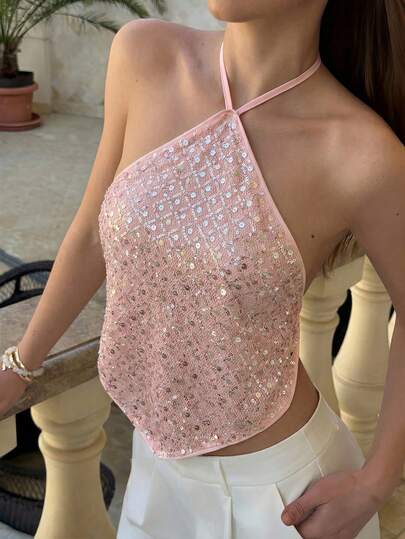 Aloruh 女士性感亮片露背吊带上衣，夏季海滩度假女装，波西米亚风热带度假女装，音乐会女装，锐舞节，乡村音乐会，伊比沙岛，纳什维尔，西部牛仔女装，波西米亚街头风，热带辣妹风女装，可爱夏季上衣