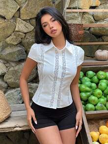 Aloruh Áo kiểu nữ mùa xuân/hè mới, màu trắng trơn, viền ren, tay cánh hoa. - trắng - Xem 6