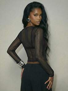 Femmeiva Women's Chic Sexy Sheer Glitter Textured Long Sleeve Tight Fit T-Shirt, Spring/Summer - Dark Grey - View 2