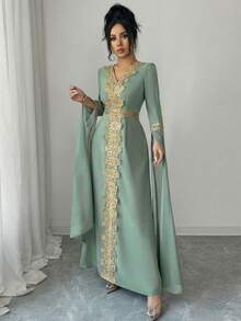Elenzga Women's Elegant V-Neck Floral Trim Waist-Cinched A-Line Long Sleeve Maxi Dress, Black & Gold Solid Colors, Suitable For Early Spring - Green - View 3