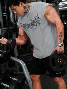 GymBeat Men's Gothic Style Printed Sleeveless Workout Tank Top - Light Grey - View 3
