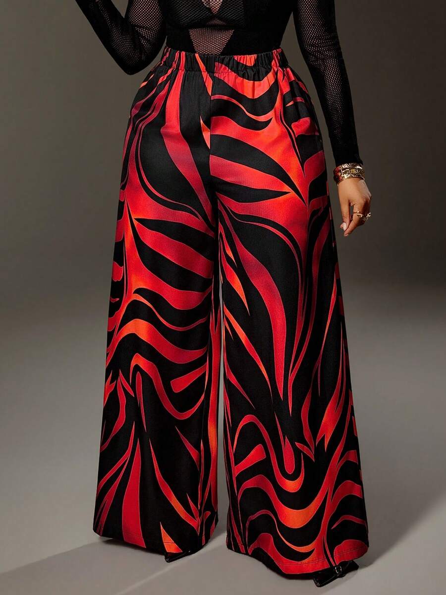 Maweii 大码女式优雅度假风高端百搭印花时尚设计不对称印花阔腿裤 - 彩色 - 查看 1