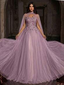 Glamrae 优雅奢华的串珠亮片花卉性感抹胸网纱薄纱长裙，配有可拆卸无肩带，适合婚礼、活动、派对、度假、盛会、正式场合穿着（装饰繁复） - 紫羅蘭色 - 查看 3