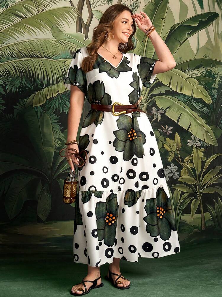 Plus Size Women Floral Print V-Neck Short Sleeve Ruffle Hem Vacation Dress Summer Outfits Beach Vacation Outfits For Women Floral Dress BOHO Clothes Women's Summer Dresses Women Casual Dresses Summer Outfits For Women Beach Outfit For Women Casual Vacation Outfits Women Country Concert Outfit Peplum