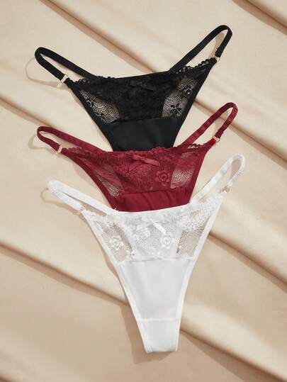 Charlaine 3pcs/Set Women's Satin & Lace Thong Panties, Multicolor