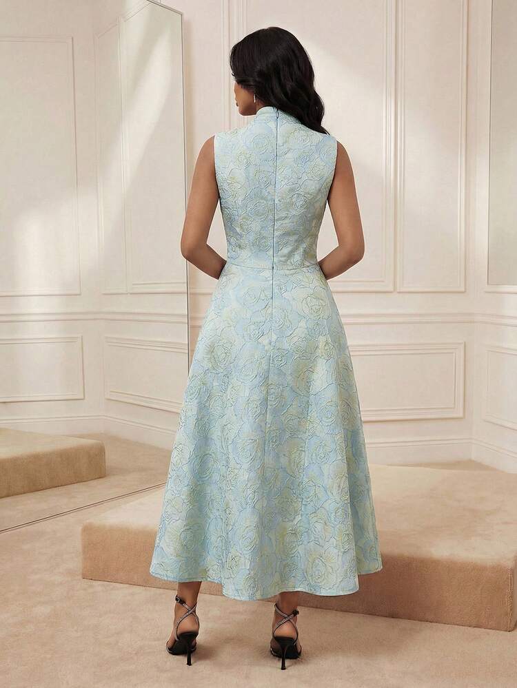 Women's Elegant Chic Fitted Sleeveless V-Neck Jacquard Glitter Mid-Length Dress, Suitable For Valentine's Day