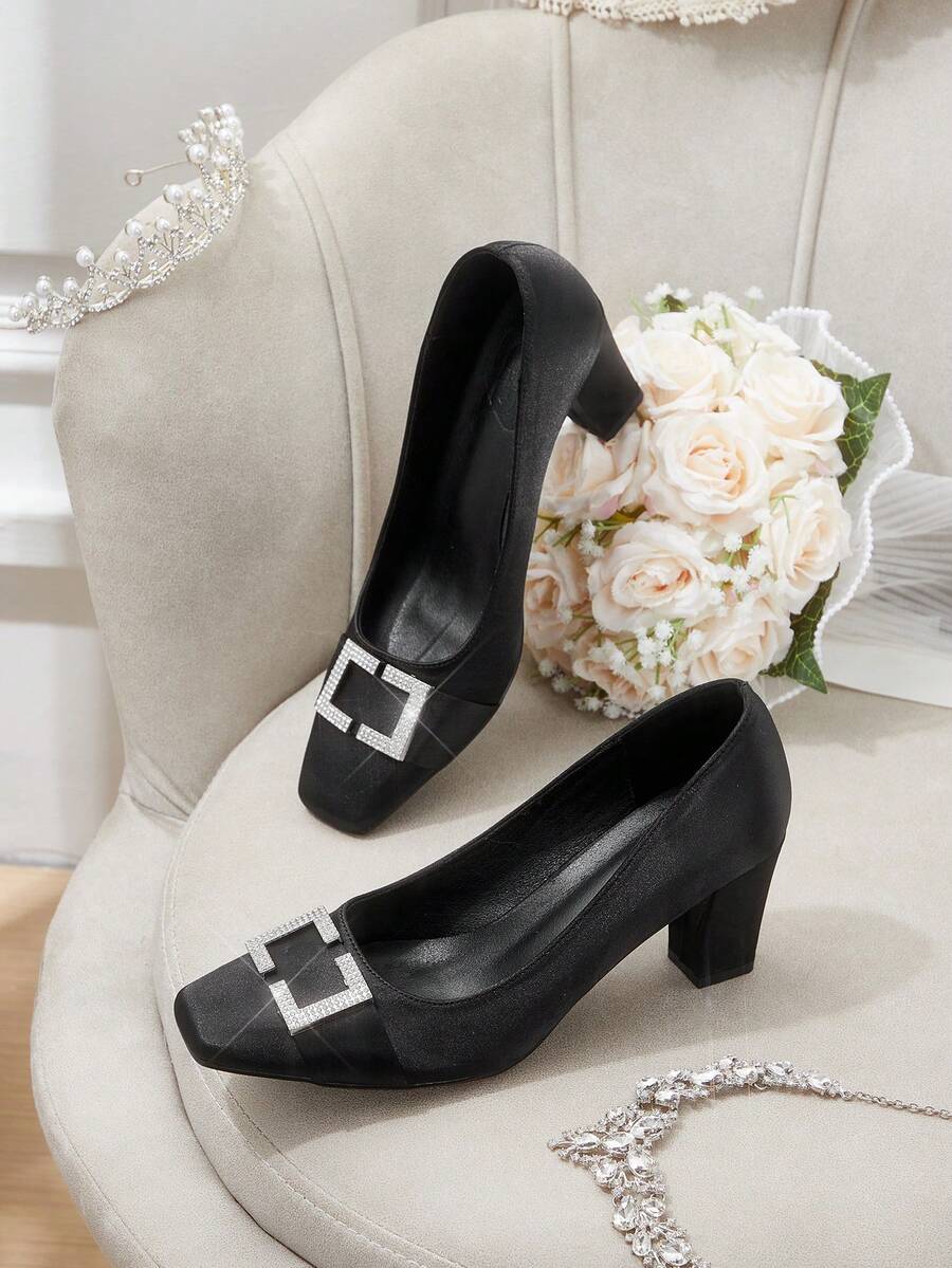CUCCOO HITCHD 法式方头高跟鞋，新款粗跟春秋季中跟水钻搭扣优雅高跟鞋 - 黑色 - 查看 1