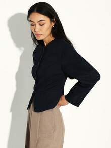 KSTM Women's Black Button Front Cropped Cocoon Jacket Long Sleeve Casual Office Blazer Fall Winter Outerwear - Navy Blue - View 4