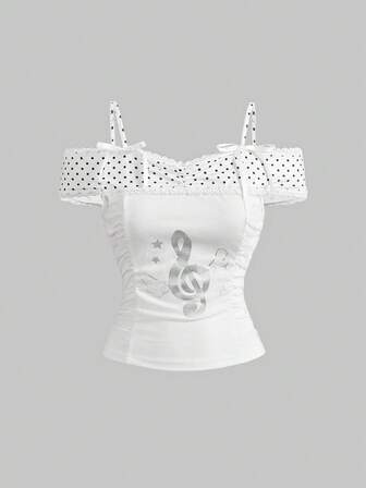 J-Fashion Camiseta sin hombros con estampado de lunares y empalme para mujer, de estilo casual para el verano