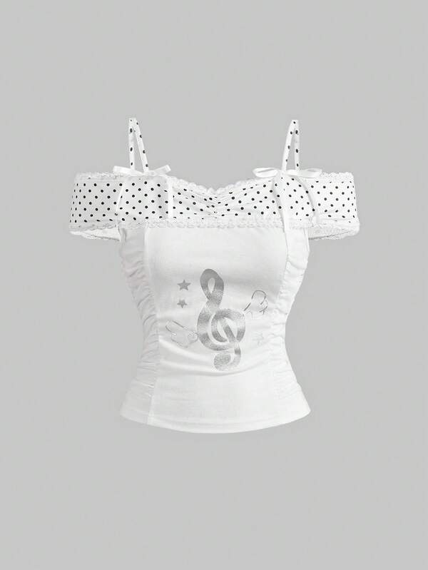 ROMWE J-Fashion 夏季女士休闲波点拼接露肩吊带背心