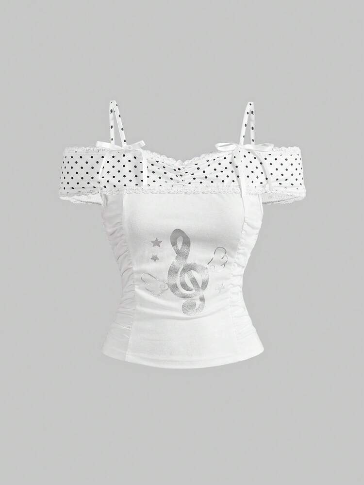 ROMWE J-Fashion 夏季女士休闲波点拼接露肩吊带背心 - 白色 - 查看 1