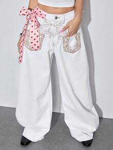 ROMWE Avant Low-Waist Embroidered Tie-Up Wide-Leg Flared Jeans - White - View 3