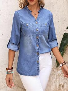 EMERY ROSE Women's Cuffed Sleeve Single-Breasted V-Neck Casual Pocket Denim Shirt - Blue - View 7
