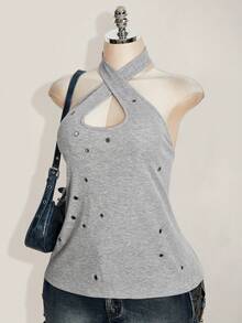 SHEIN ICON Áo tank top nữ cỡ lớn phong cách retro gợi cảm, phá cách, táo bạo, hiện đại, phong cách Y2K, cổ chéo, yếm, trang trí khoen kim loại, màu xám, chất liệu gân. - Xám - Xem 7
