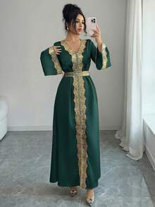 Elenzga Đầm dài dáng chữ A thanh lịch dành cho nữ, cổ chữ V, tay loe, eo ren vàng, chất liệu bóng, thích hợp cho đầu xuân. - Màu xanh lá cây đậm - Xem 4