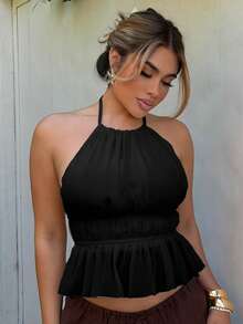 Maria Perezxox Women's Pleated Halter Neckline Waist-Tied Backless Tank Top - Black - View 6