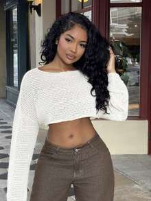 Alexandranx 女式杏仁色空心針織短袖寬鬆休閒夏季上衣 - 杏色 - 查看 6